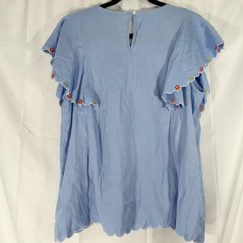 NWT Umgee Blue Floral Embroider Lace Collar Batwing Sleeve Boho Top Size Small - Picture 3 of 5